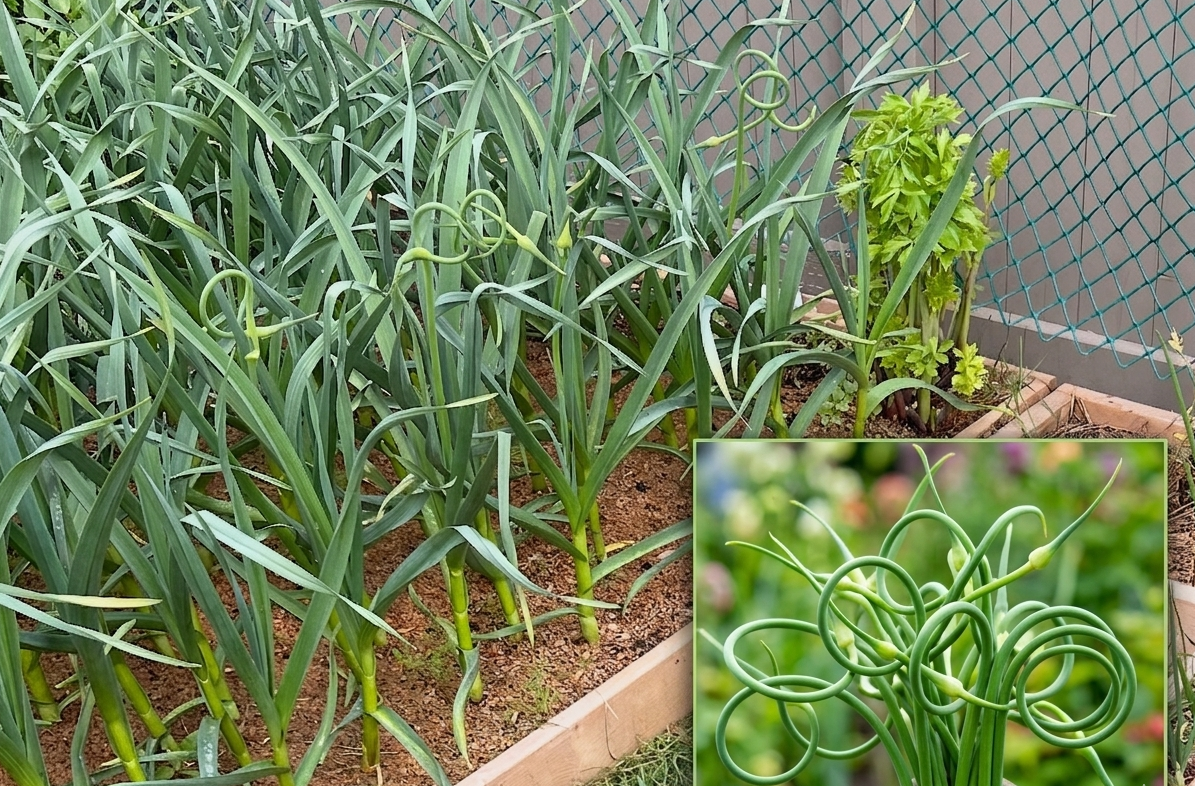 Alt Text: A bunch of curly, bright green garlic scapes recently harvested from the garden, showing their elegant spiral shape.