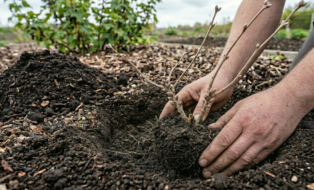 Alt Text: A gardener planting a young black currant bush in a garden bed, ensuring it is placed slightly deeper than its nursery pot level.