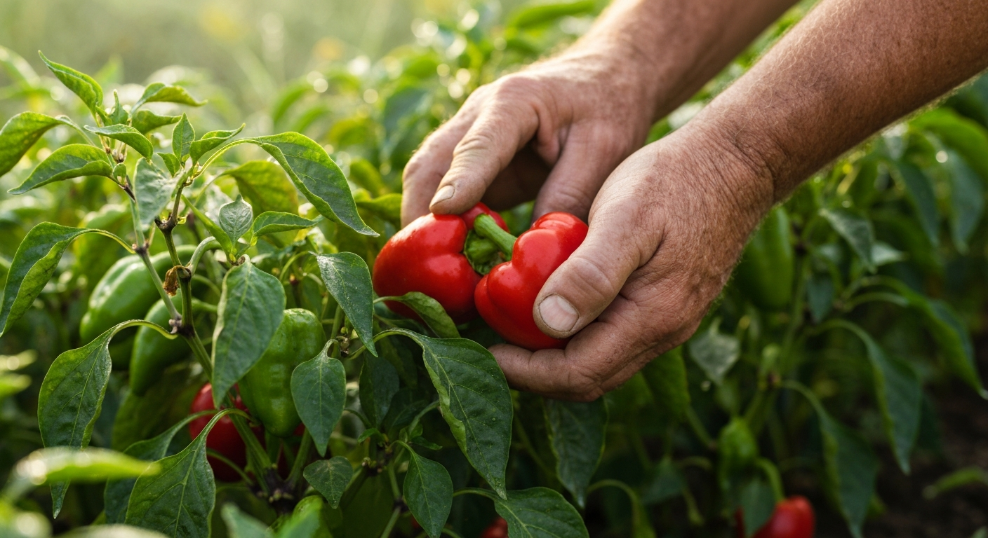 Alt Text: A gardener's hands gently picking a ripe, red Anaheim pepper from a healthy green plant, with a blurred background of a sunlit vegetable garden.