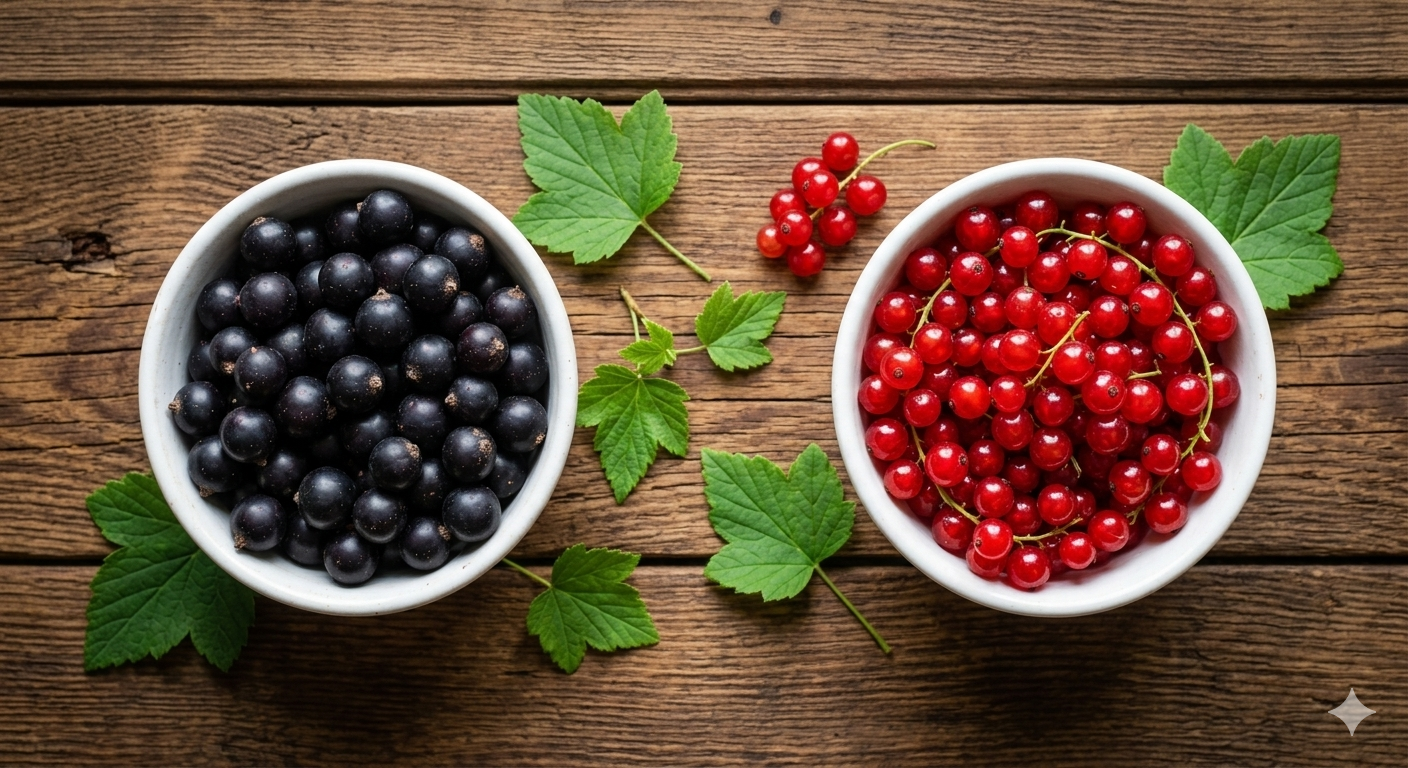 Alt Text: A comparison of black and red currant berries, showing the deep purple-black skin of one and the bright red translucence of the other.