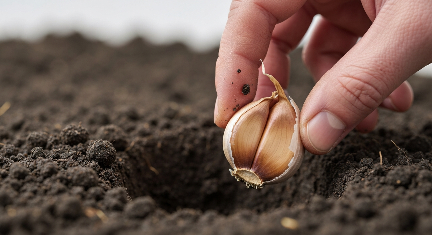 Alt Text: A gardener's hand placing a large, unpeeled garlic clove into a hole in dark, rich soil with the pointy end facing up.