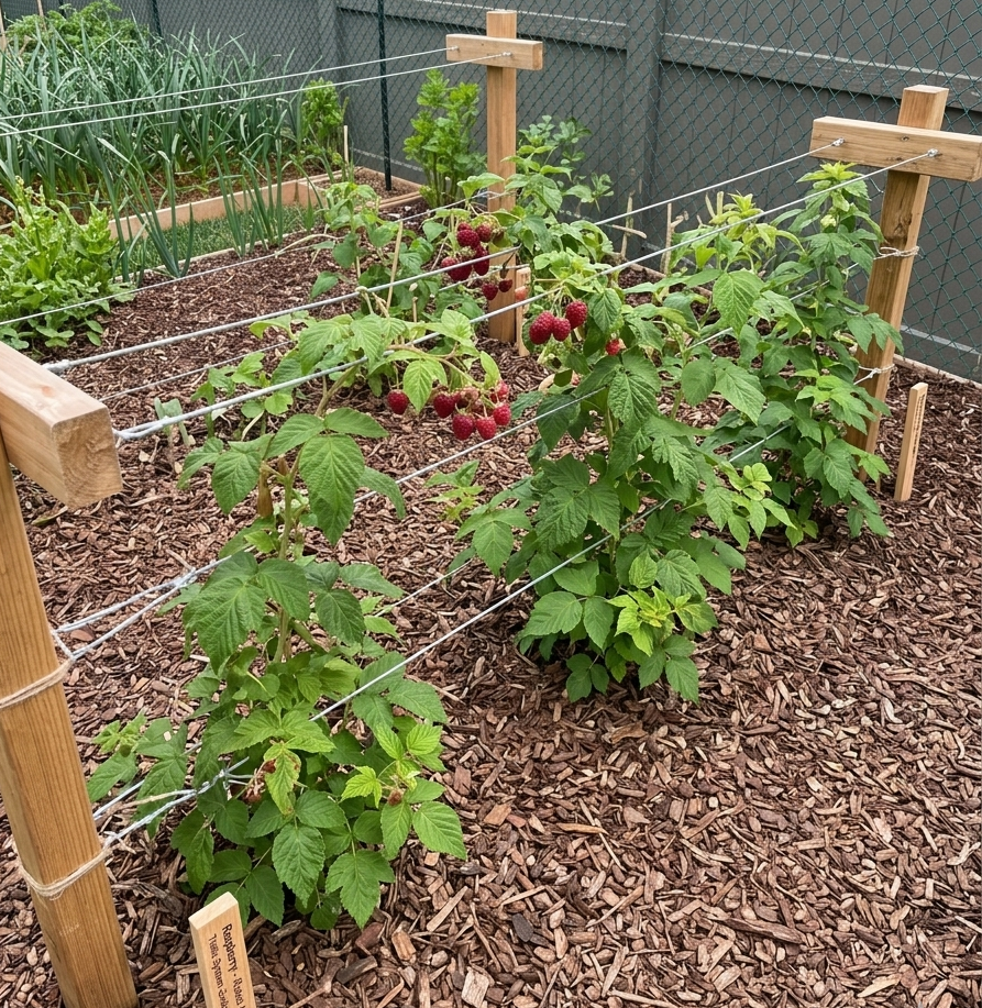 Alt Text: A simple wooden T-post trellis in a garden, with raspberry canes neatly tied to the horizontal wires for support.