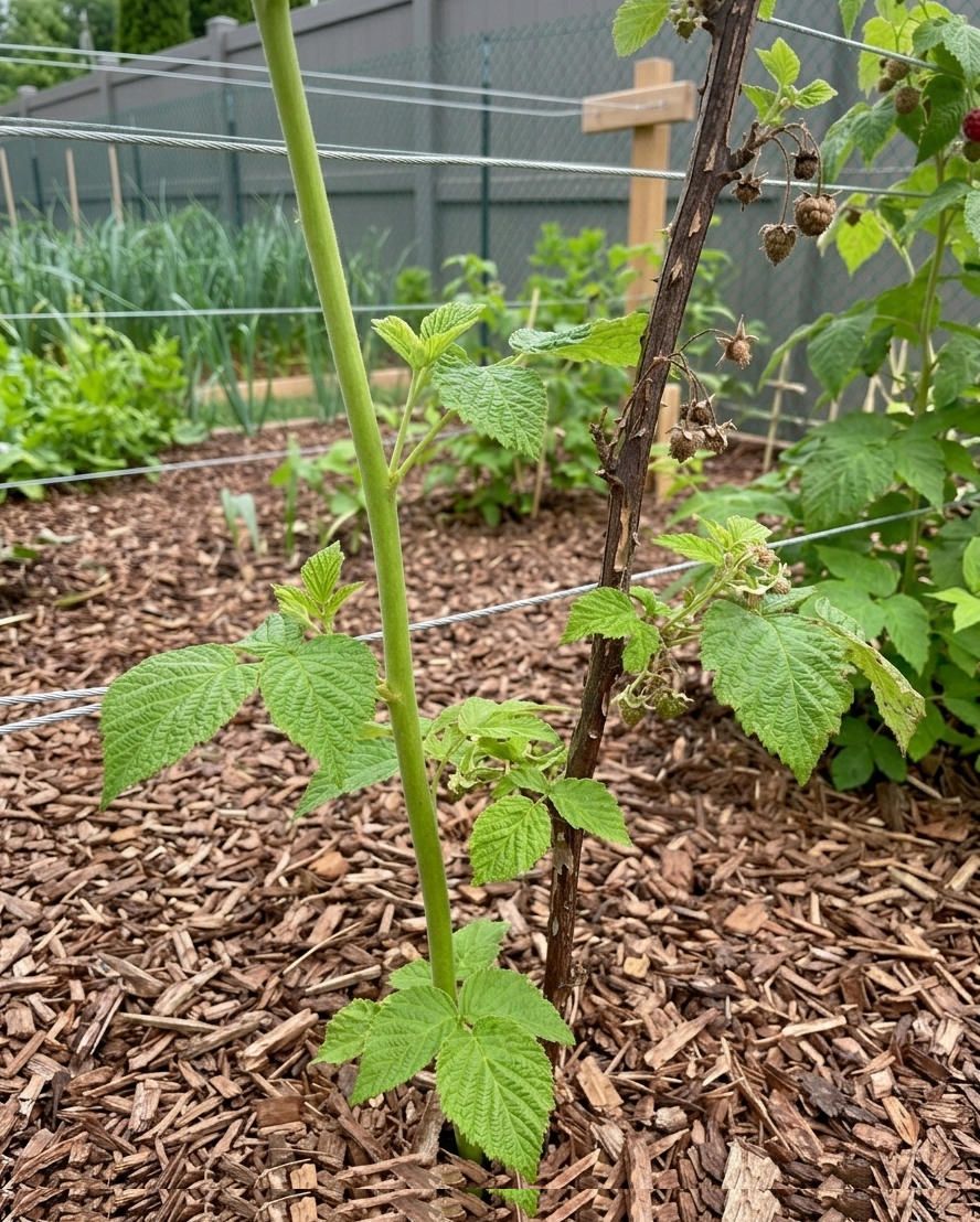 Alt Text: A close-up comparison of a green, flexible first-year primocane and a brown, woody second-year floricane.