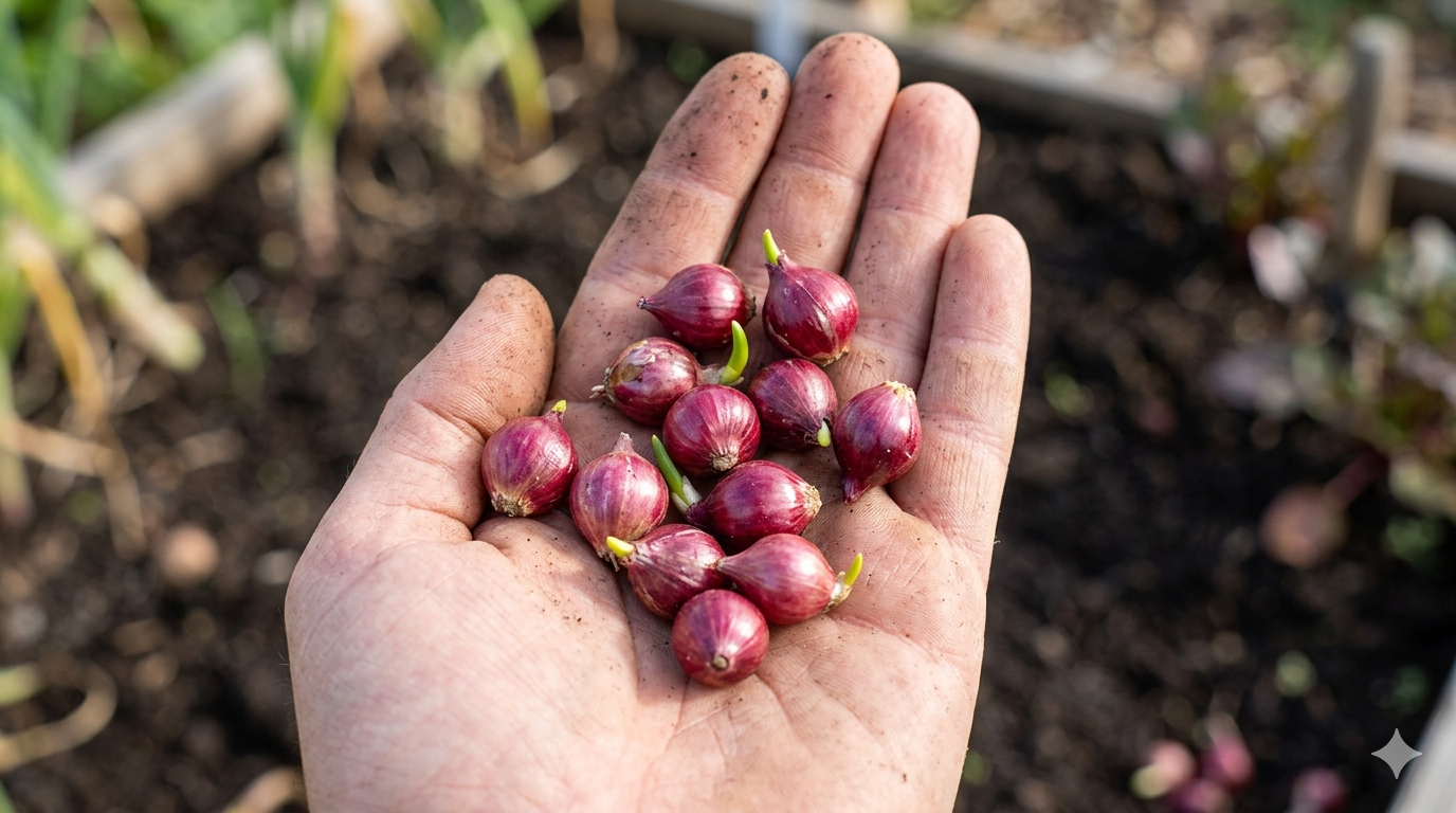 Alt Text: A close-up of Egyptian Walking Onion sprouts, showing early growth from the bulbils.