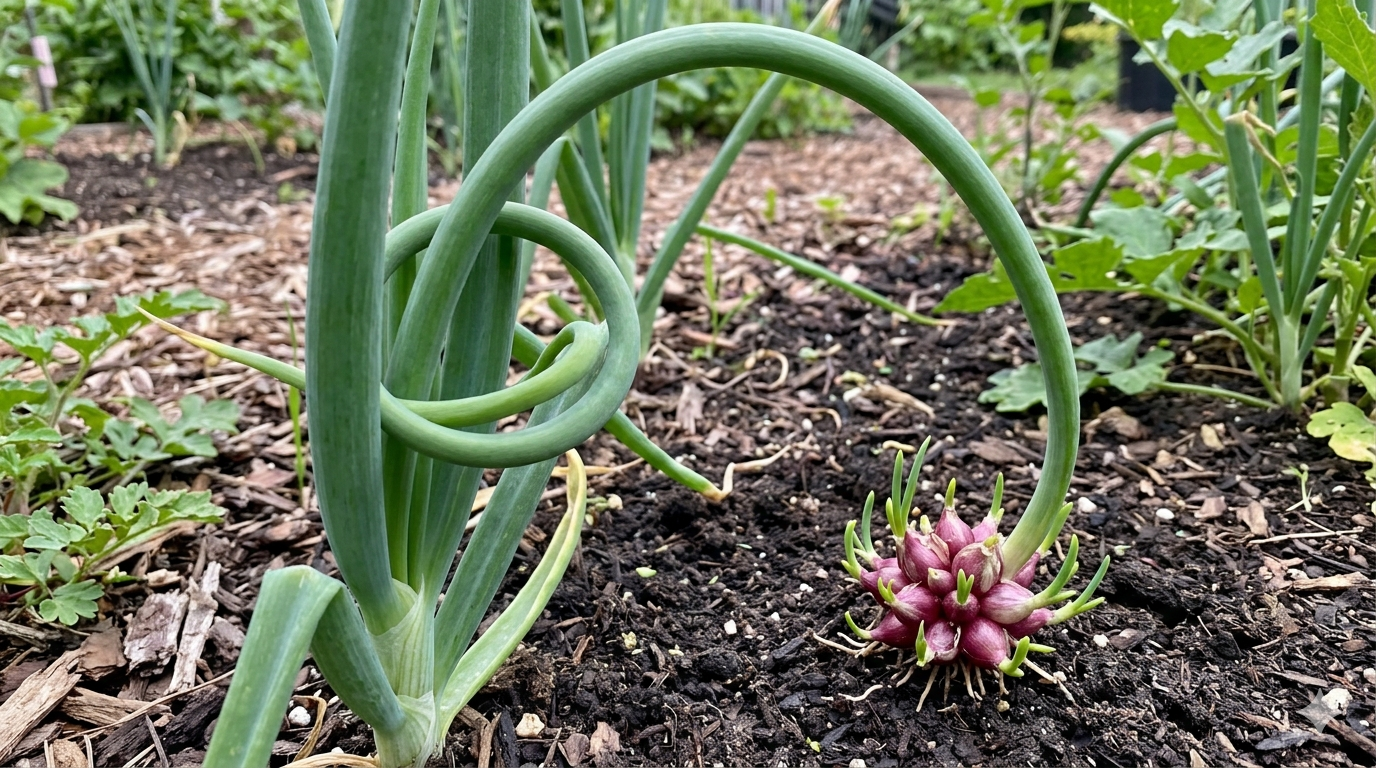 Alt Text: A generated image of an Egyptian Walking Onion seed pod walking between garden herbs, illustrating its unique growth habit.