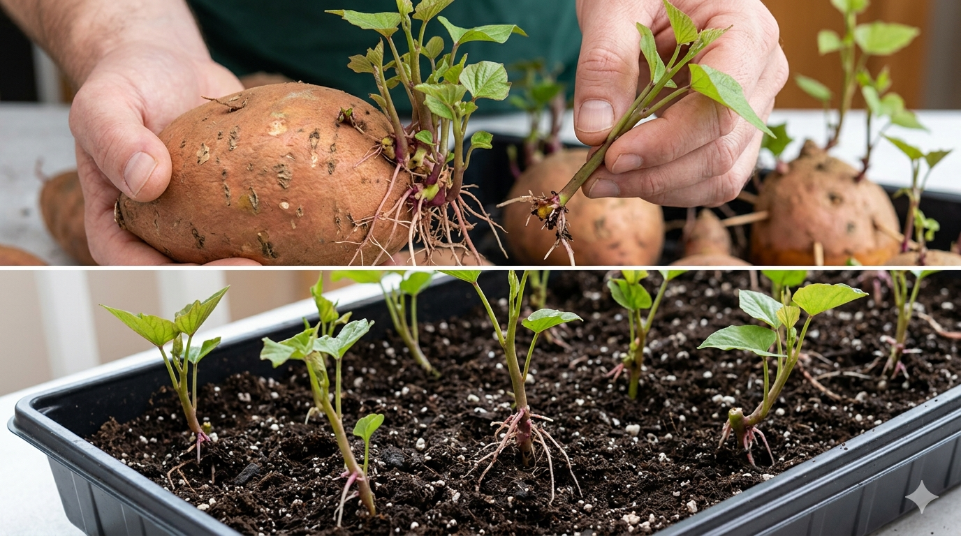 Alt Text: Sweet potato slips planted in soil, showing early growth.