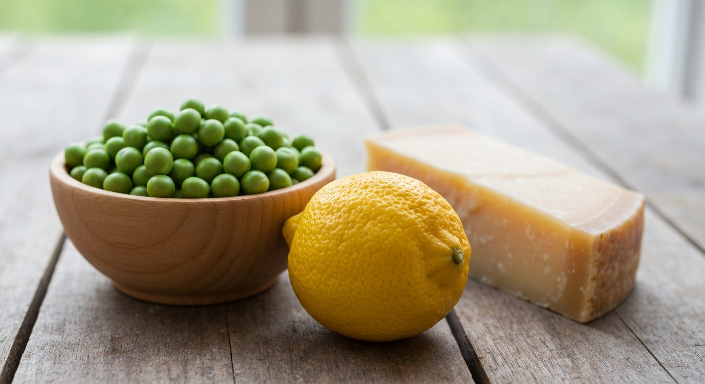 Alt Text: A rustic kitchen scene featuring a bowl of freshly shelled green peas, a whole lemon, and a wedge of Parmesan cheese on a wooden cutting board.