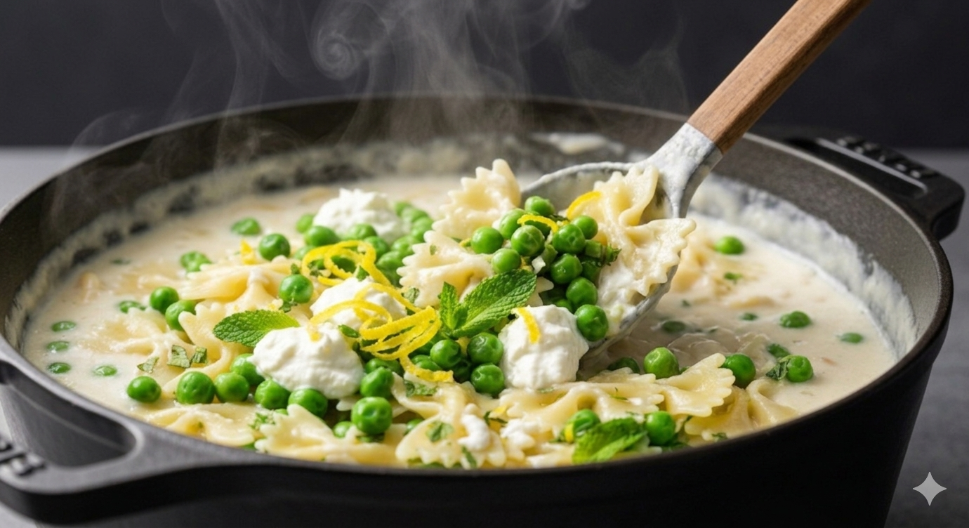 Alt Text: A close-up shot of a large stainless steel skillet where pasta and peas are being tossed in a creamy, glossy ricotta sauce.