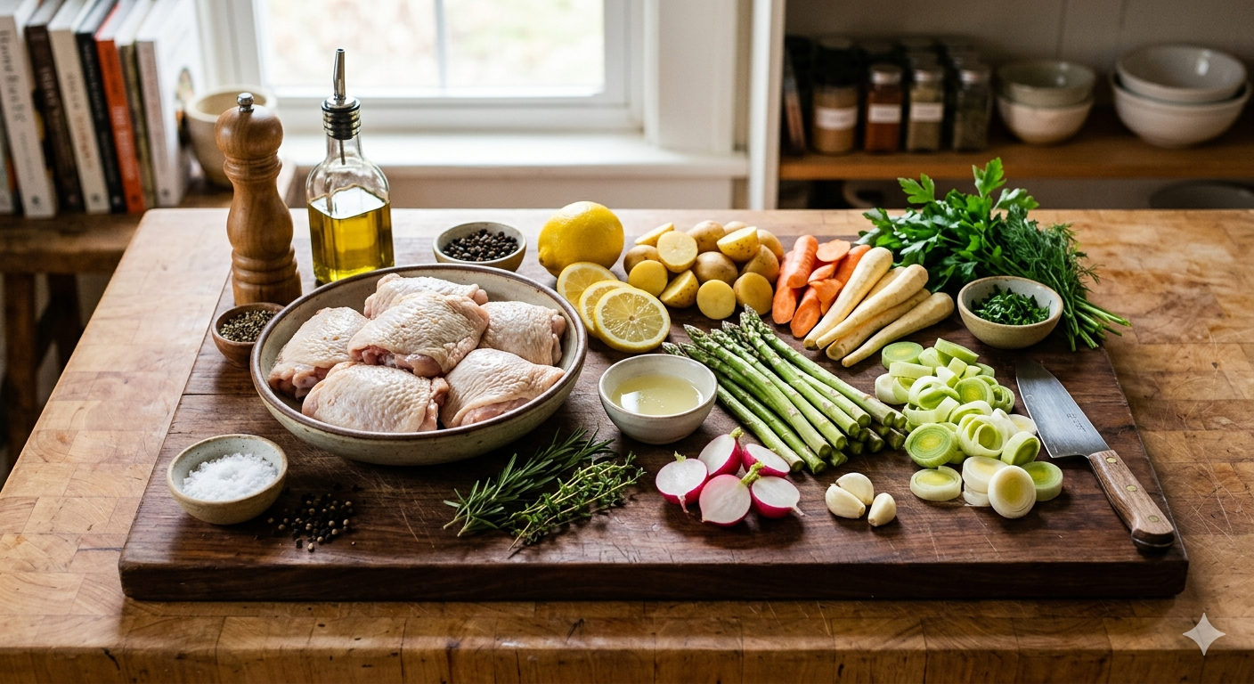 Alt Text: Close-up of Ingredients for our tasty one pan chicken harvest roast, with root vegetables, asperagus, leeks, radish, rosemmary or thyme, lemon sliced into roungs and olive oil, salt, and black pepper.