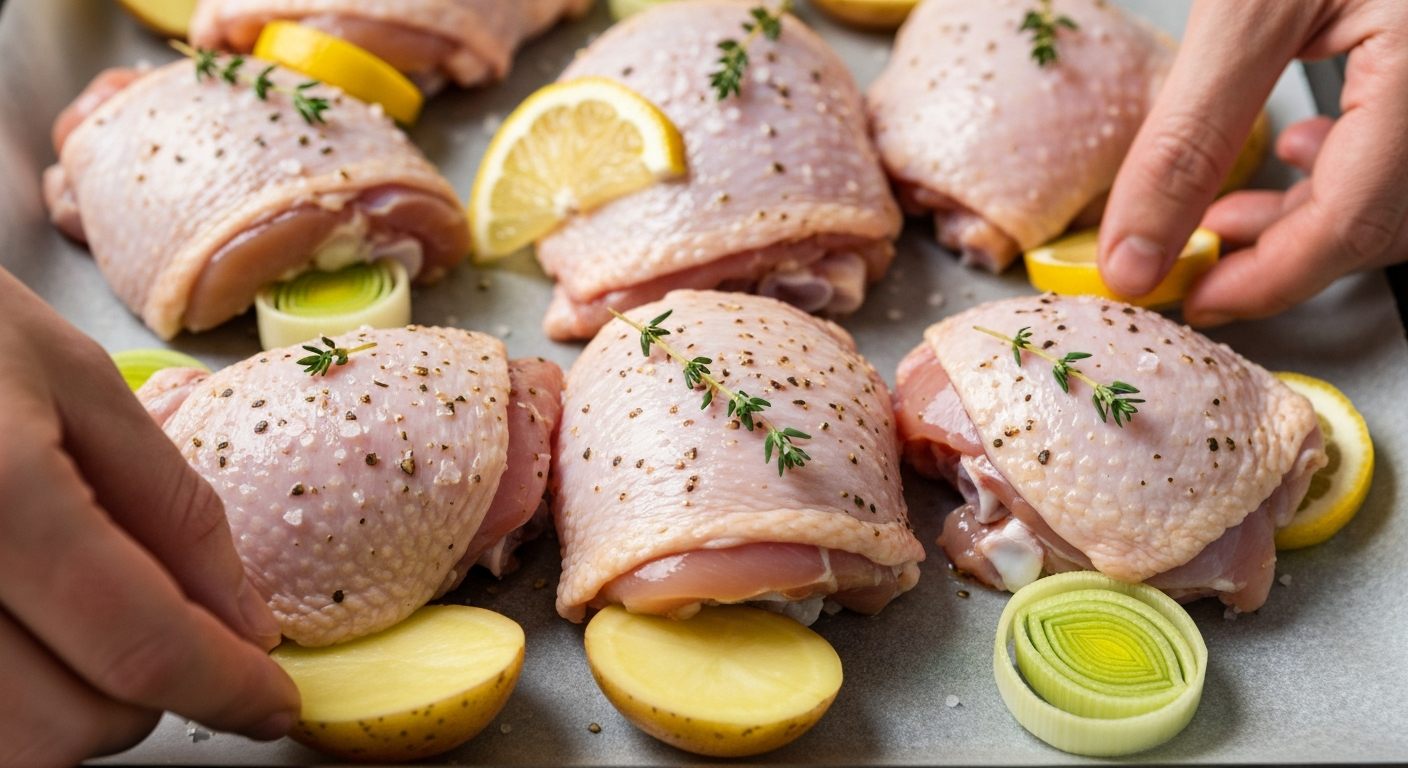 Alt Text: Close-up of seasoned chicken thighs and root vegetables being arranged on a parchment-lined baking sheet before roasting.