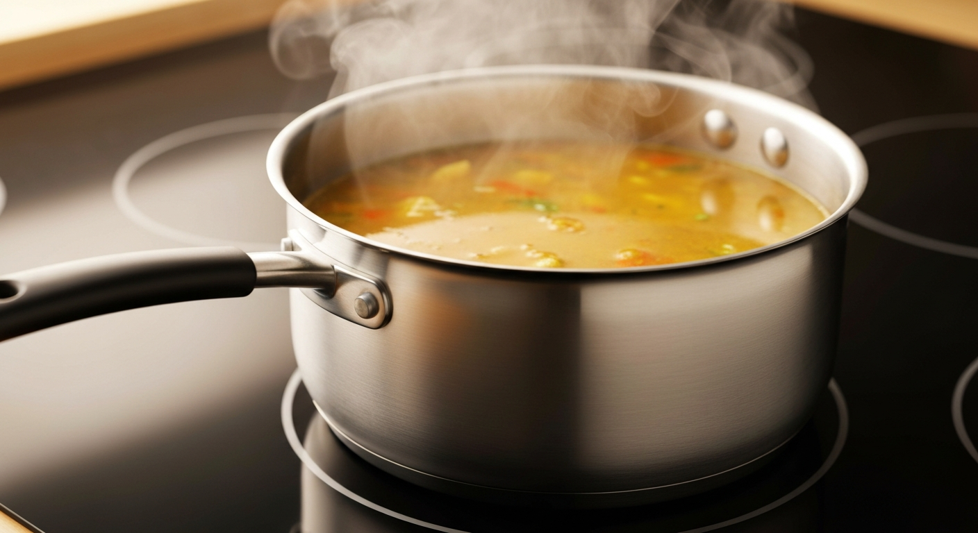 Alt Text: A large soup pot on a stove with a rich, golden broth simmering, showing the "stealth" technique of removing large aromatics.