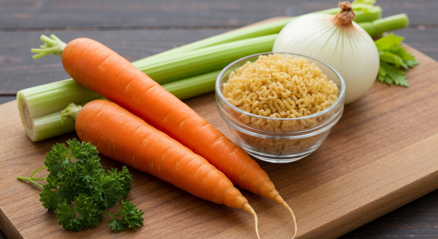 Alt Text: A collection of fresh soup ingredients on a wooden cutting board, including carrots, celery, an onion, and a small bowl of alphabet pasta.